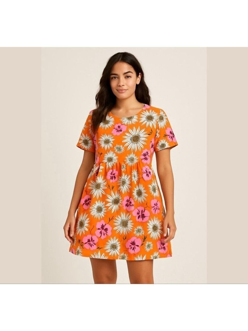 ZARA mix media cotton voluminous sun dress floral orange Sz S